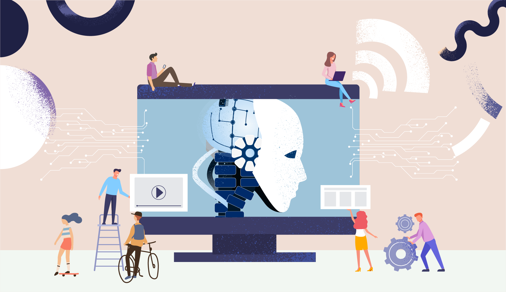 Imagem com diversos avatares, passando a mensagem de jovens no ambiente de trabalho, com ambiente participativo e despojado. Ao centro, uma tela de computador com uma imagem que define a digitalização das empresas